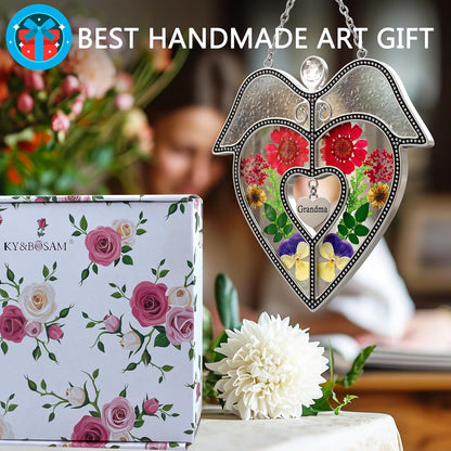 KY&BOSAM Angel Heart Suncatcher Grandma Gifts Stained Glass for Windows Hangings Wind Chime Ornaments with Pressed Real Flower and Metal Heart Charm Birthday Gifts for Women Mother`s Day Christmas