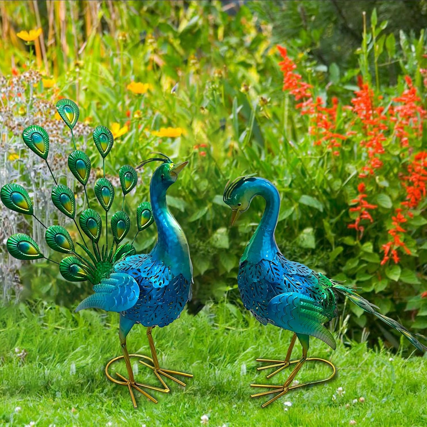 2 Pack Beautiful Peacock Outdoor Garden Statue Ornament Realistic Metal Peacock Lawn Yard Patio Decorations Art Sculpture Outside Decor Gift for Women Grandma Birthday,16" 20" Tall Blue Peacock