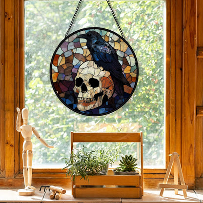 Black Raven Halloween Suncatcher Stained Glass Window Hanging, Gothic Skull Black Crow Sun Catchers Indoor Window Glass Round Wall Decor, Halloween Raven Wall Art Hanging Decorations, ＂7.8x7.8＂