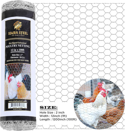Chicken Wire 12 in x 100 FT x 2” Mesh x 20GA | Poultry Wire Netting | Hot Dipped Galvanised | Hexagonal Galvanized Mesh for Chicken Coop, Rabbit Cage, Fence Barrier PM12x100x2