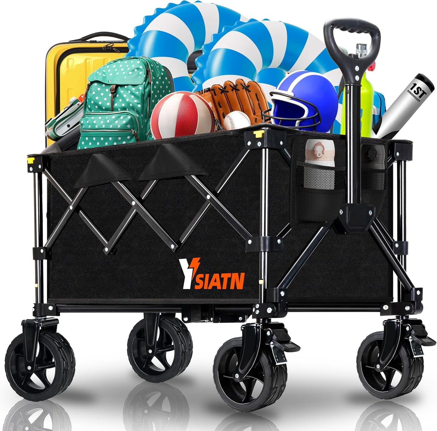 Collapsible Wagon Cart with Wheels Foldable, Folding Wagons Carts with All Terrain Wheels, Large Grocery Carts On Wheel, Heavy Duty Utility Wagons for Shopping Beach Sports, 150L, Black