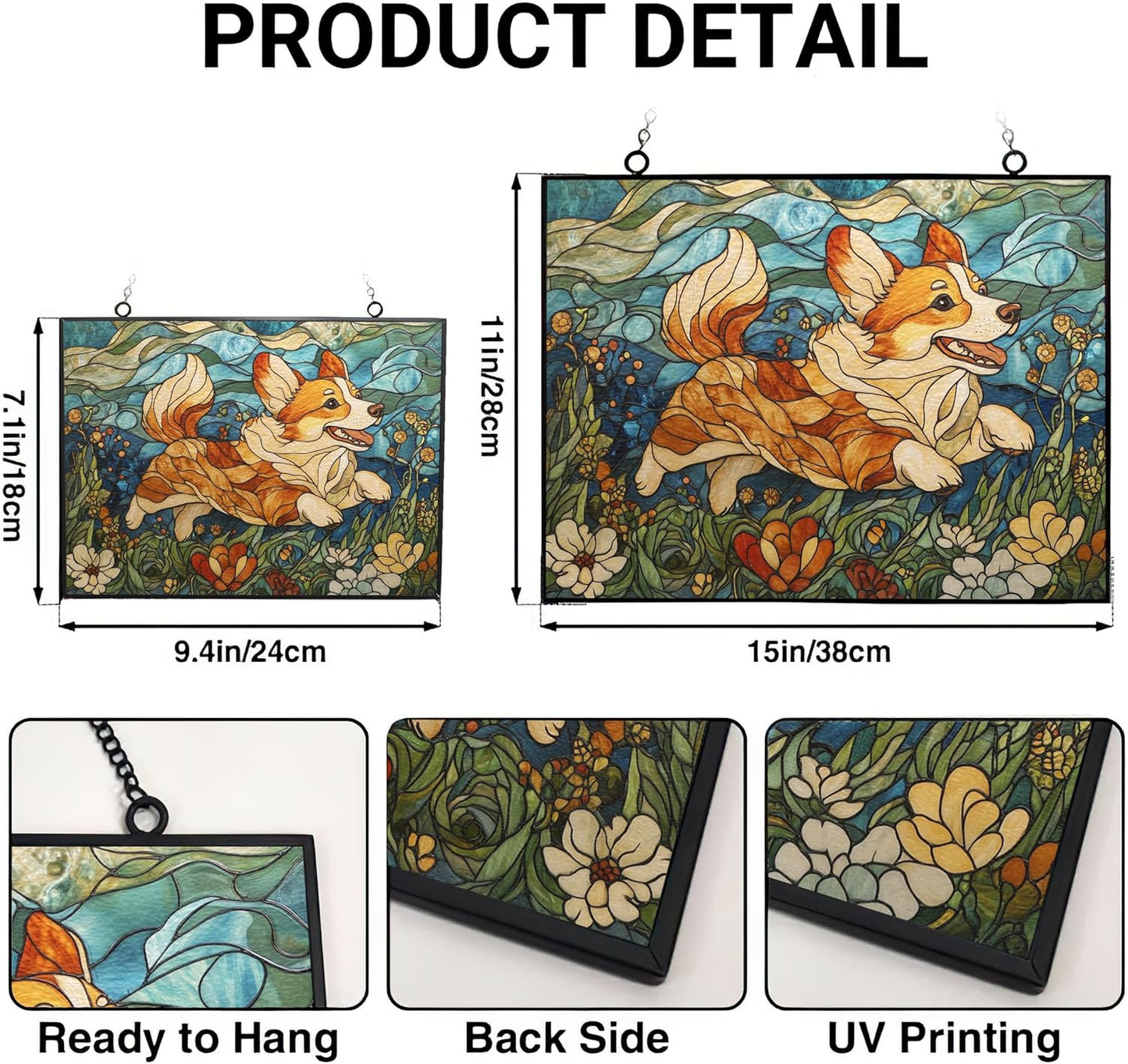Customized Rectangle Art Nouveau Meadow Corgi Stained Glass Window Hanging Suncatcher Stained Glass Home Decor Garden Halloween Christmas Party Wedding Housewarming Gifts