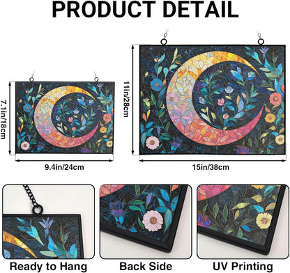 Personalized Rectangle Boho Crescent Moon Florals Stained Glass Window Hanging, Stained Glass Window Decor Suncatcher for Women, Home Décor