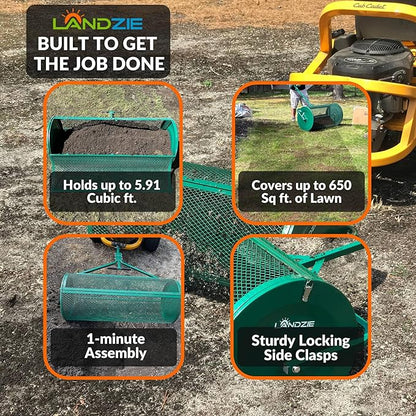 LANDZIE Lawn & Garden Spreaders - 36 Inch Heavy Duty Metal Mesh Basket Push/Tow Spreader - Compost, Peat Moss, Top Soil, Mulch - Durable Lightweight Multi-Purpose Yard Care Equipment - Manure Spreader