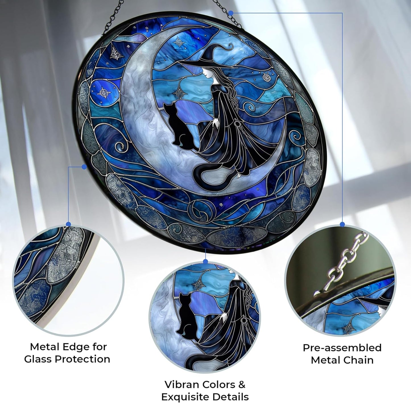 Spooky Witch Stained Glass Window Hanging Window Suncatcher 12" Glass Panel with Metal Chain and Hooks Sun Catchers Indoor Wall Art Home Decor Gift for Women Mother's Day