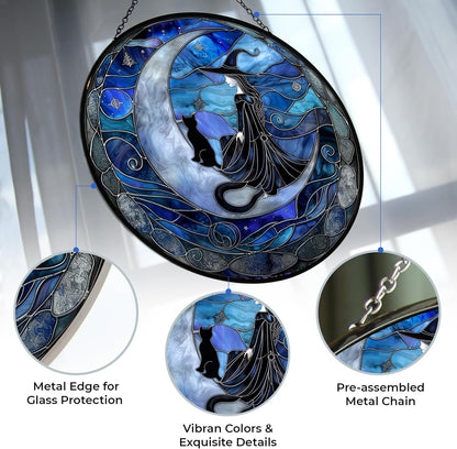 Spooky Witch Stained Glass Window Hanging Window Suncatcher 12" Glass Panel with Metal Chain and Hooks Sun Catchers Indoor Wall Art Home Decor Gift for Women Mother's Day