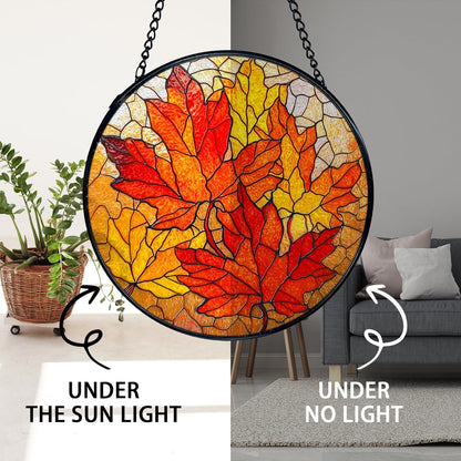 TNUW Fall Leaf Stained Glass Window Hanging, Rustic Autumn Maple Leaves Sun Catchers Indoor Window Glass Round Wall Art Decor, Fall Autumn Wall Hanging Decorations, 7.9＂x7.9＂