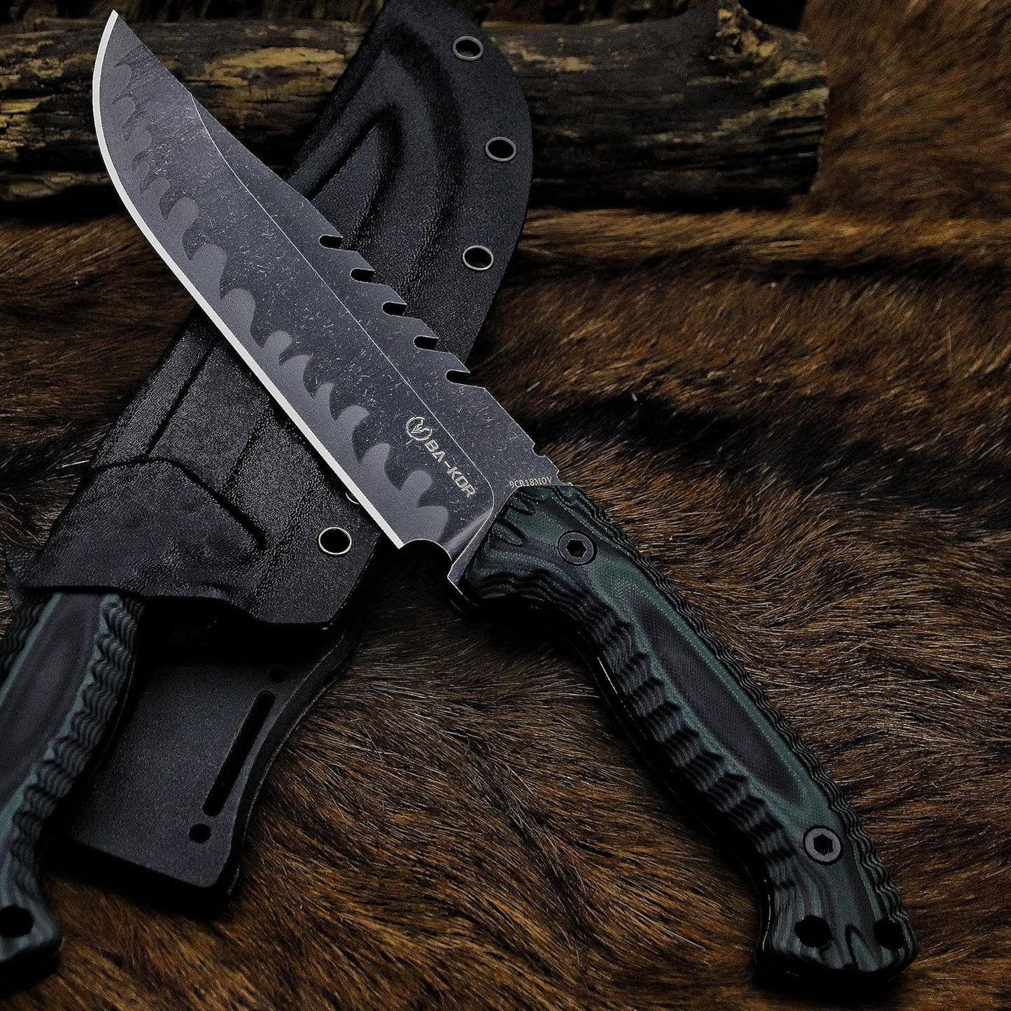 BA-KOR 12.4in Full Tang Fixed Blade Hunting Knife – 6mm 9CR18MoV Steel, G10 Handle, Stonewashed Sawback Blade with Kydex Sheath & Fire Starter for Outdoor, Camping, Survival (Green and black stripes)