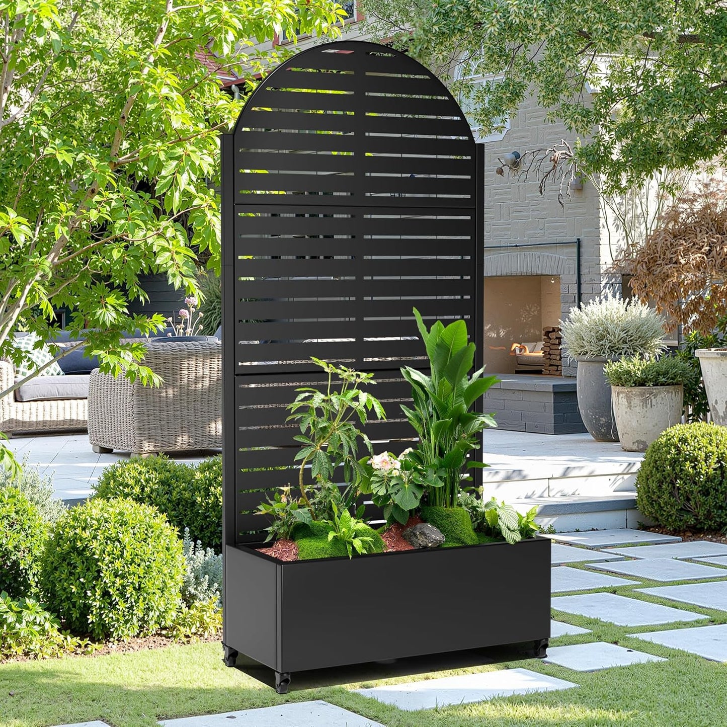 15.7"×70.9"×35.4" Metal Raised Garden Bed with Trellis and Wheels - Tall Trellis Planter Box for Climbing Plants, Vegetables & Vines - Outdoor Privacy Planters for Patio (Black-Louvered)