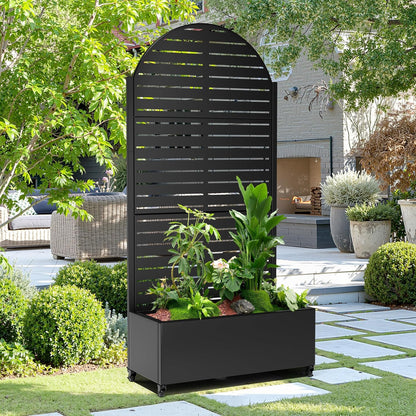 15.7"×70.9"×35.4" Metal Raised Garden Bed with Trellis and Wheels - Tall Trellis Planter Box for Climbing Plants, Vegetables & Vines - Outdoor Privacy Planters for Patio (Black-Louvered)