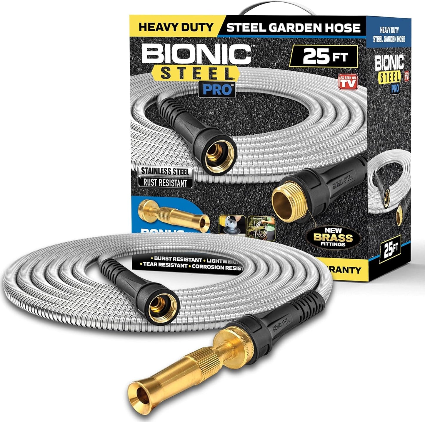 Bionic Steel Pro 25 FT Garden Hose with Nozzle, 304 Stainless Steel Metal Water Hose 25Ft, Flexible Hose, Kink Free, Lightweight and Durable, Crush Resistant Fitting, Easy to Coil, 500 PSI 2025 Model