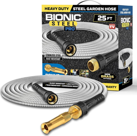 Bionic Steel Pro 25 FT Garden Hose with Nozzle, 304 Stainless Steel Metal Water Hose 25Ft, Flexible Hose, Kink Free, Lightweight and Durable, Crush Resistant Fitting, Easy to Coil, 500 PSI 2025 Model