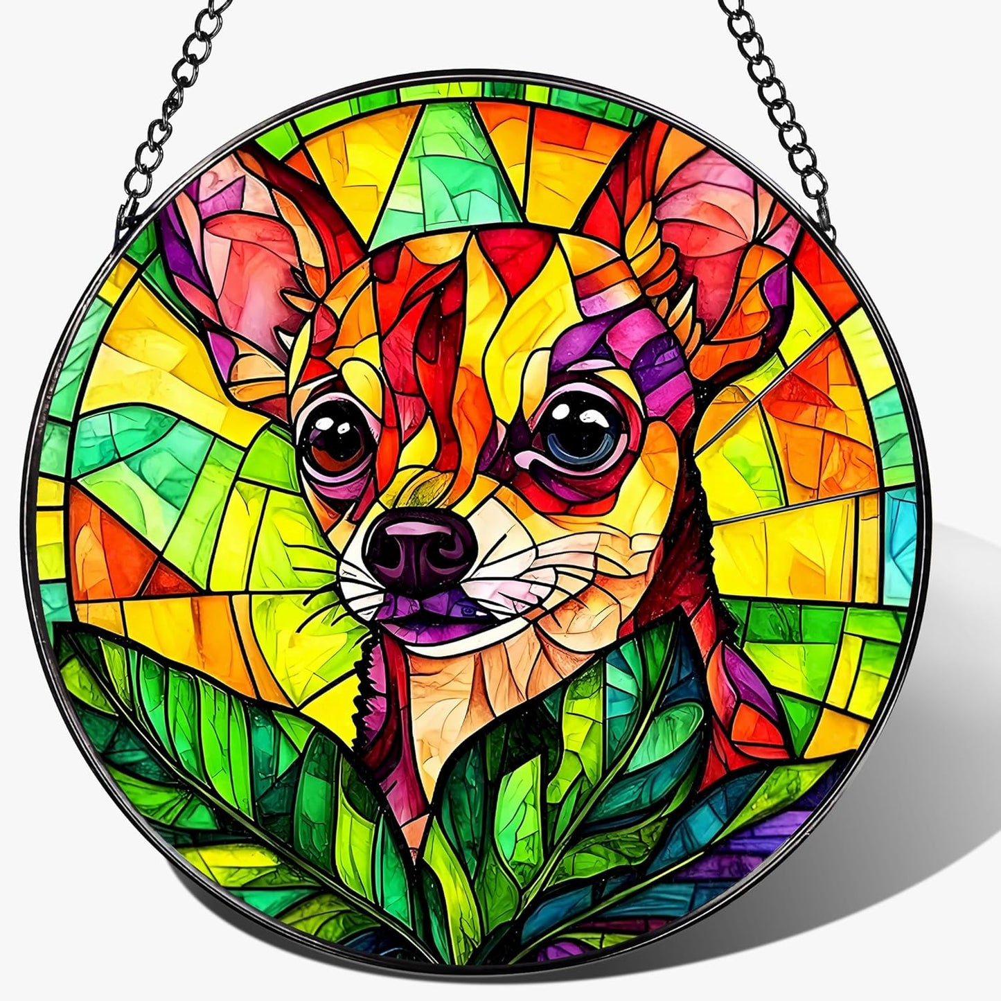 8″ Stained Glass Window Hanging Ornament, Vibrant Chihuahua Stained Glass Suncatcher Ornament, Sun-Catcher Window Decor | Gifts for Dog Lovers, Dog Lover Gift, Pet Lover Gift
