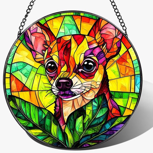 8″ Stained Glass Window Hanging Ornament, Vibrant Chihuahua Stained Glass Suncatcher Ornament