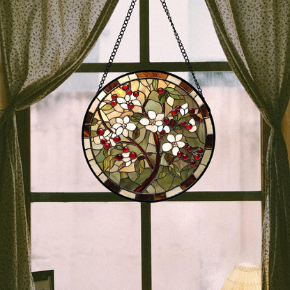 CRIS GIF Stained Glass Window Hanging - Hawthorn Tree Birth Flowers Suncatcher for Doors Garden Patio Sun Catchers Decor Christmas Mother's Day Birthday Gifts for Women Men Mom Nana Friend 11.8 in