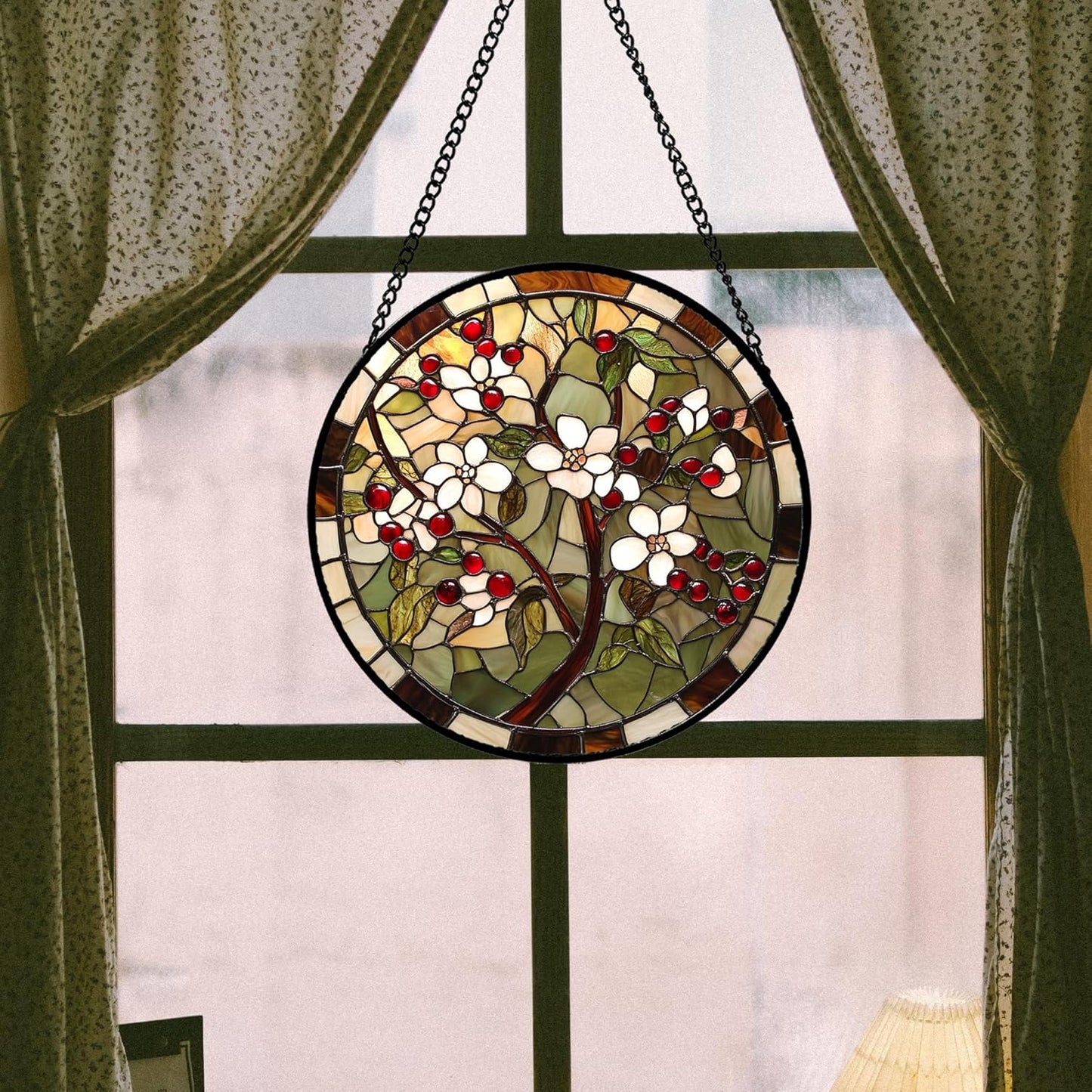CRIS GIF Stained Glass Window Hanging - Hawthorn Tree Birth Flowers Suncatcher for Doors Garden Patio Sun Catchers Decor Christmas Mother's Day Birthday Gifts for Women Men Mom Nana Friend 7.8 in