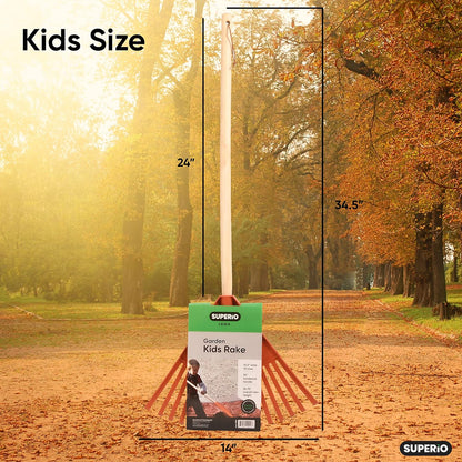 Pack of 2 Kids Rake with Hardwood Handle, Durable Plastic Head to Sweep Leaves in Lawn and Tidying Up The Garden, 34" (Orange)