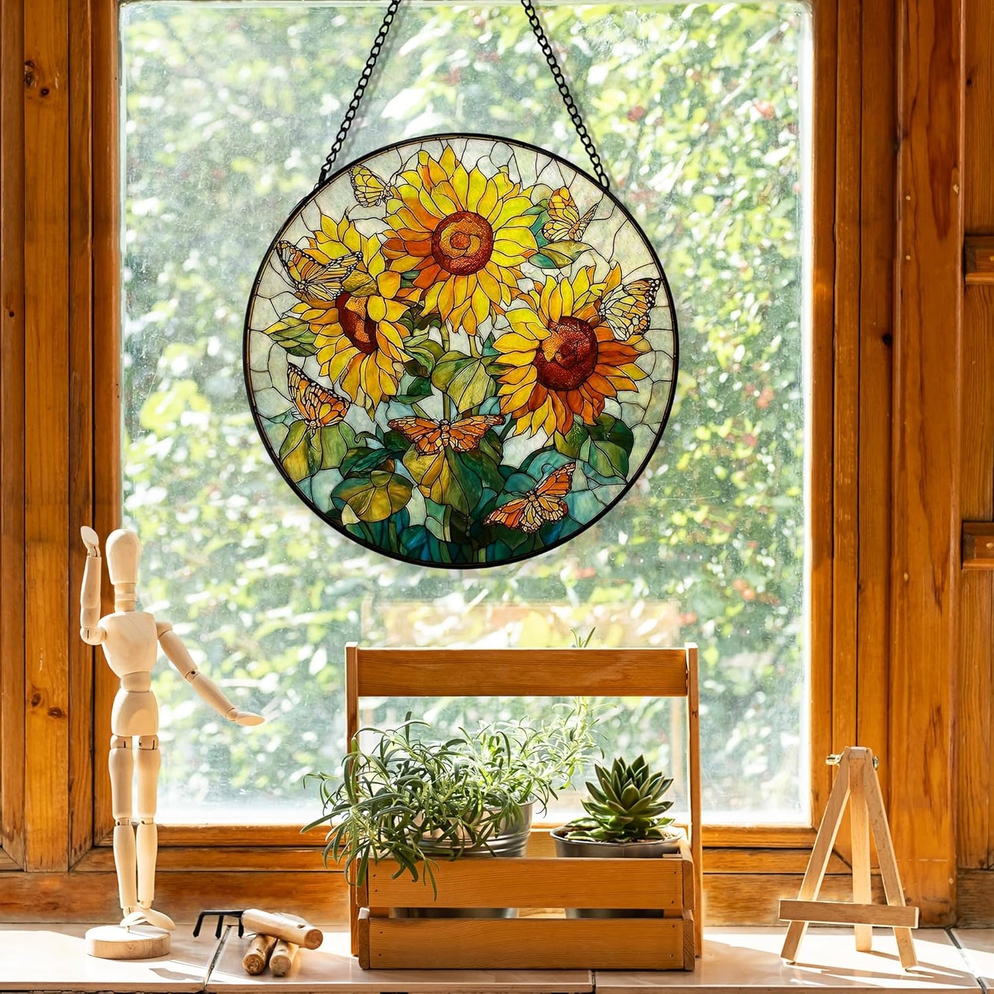 Sunflower Butterfly Suncatcher Stained Glass Garden Window Hanging, Sunflower Sun Catchers Indoor Window Glass Round Wall Decor, Cottagecore Summer Floral Wall Art Hanging Decorations, ＂7.8x7.8＂