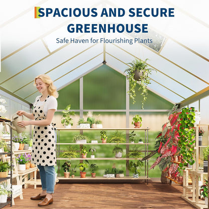 6x10 FT Greenhouse for Outdoors, Polycarbonate Flower Greenhouse with Roof Vent, Push-Pull Lockable Door, Aluminum Walk-in Greenhouses for Outside Garden Backyard, Patio, Lawn, Silver