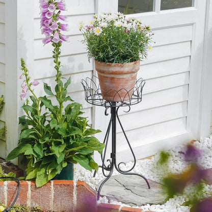 Black Round Low Plant Stand Single Pot Holder, Antique French Pedestal with Cutout Patterns, Compact Garden Decor for Cactus Ferns Plant Holder