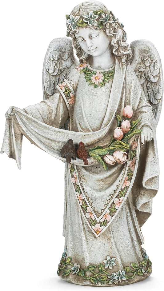 Roman Josephs Studio Inspirational Girl Angel Wearing Floral Trimmed Gown with Birds Garden Statue