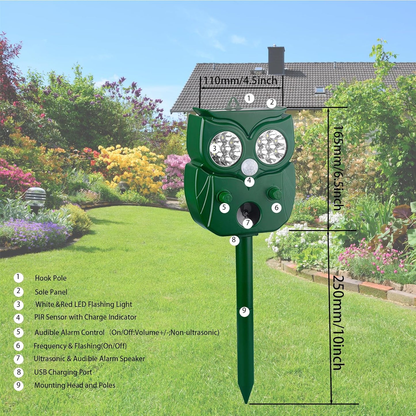 Solar Ultrasonic Animal Repellent Outdoor, 1Pack Repel Cats Dogs Squirrel Deer Fox Raccoon Rabbit Mole Coyote Deterrent, Waterproof with Motion Detector &LED Flash Lights for Yard Farm Garden