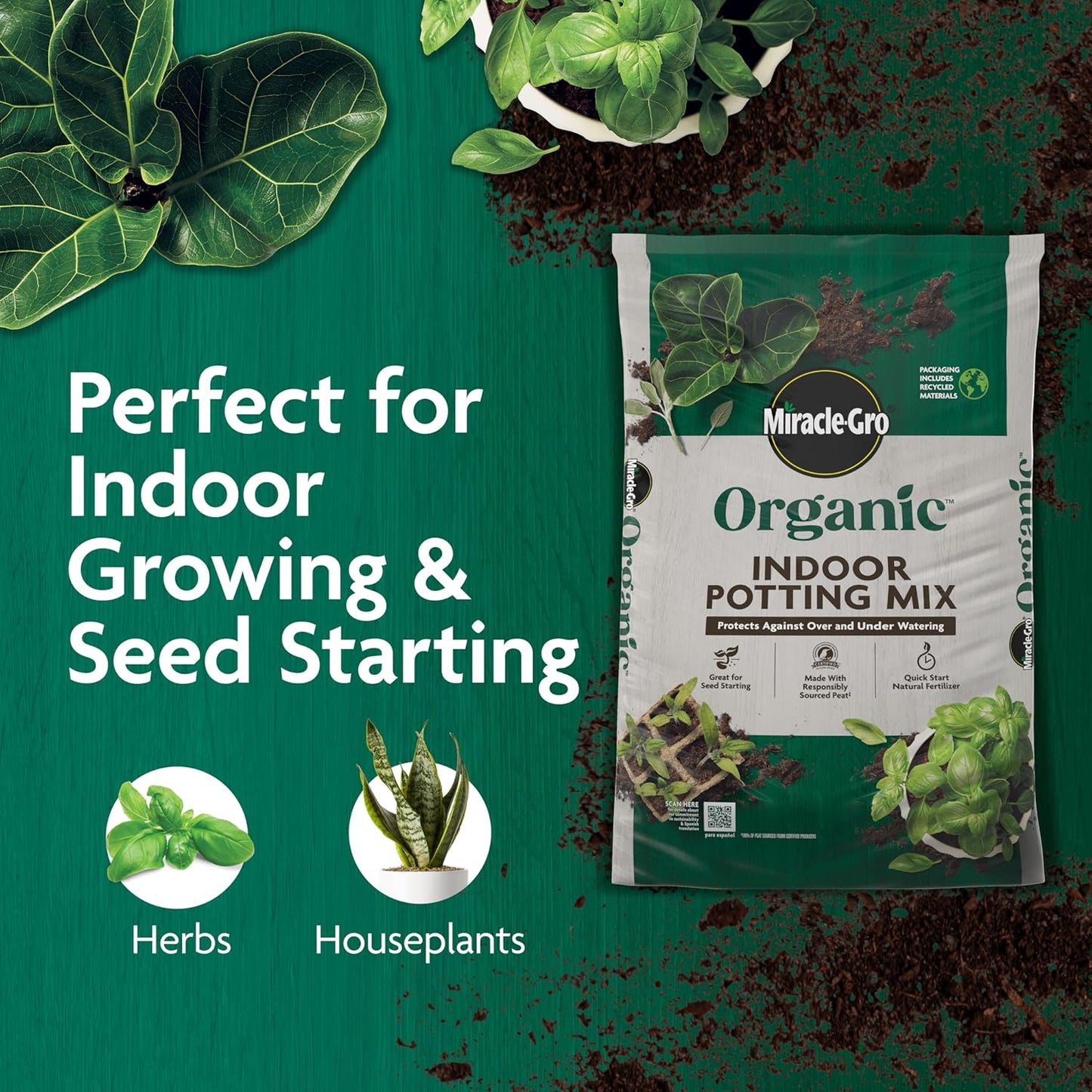 Miracle-Gro Organic Indoor Potting Mix, Protects Against Over and Under Watering, for Indoor Container Plants, Houseplants and Starter Plants, OMRI Listed, 16 qt.