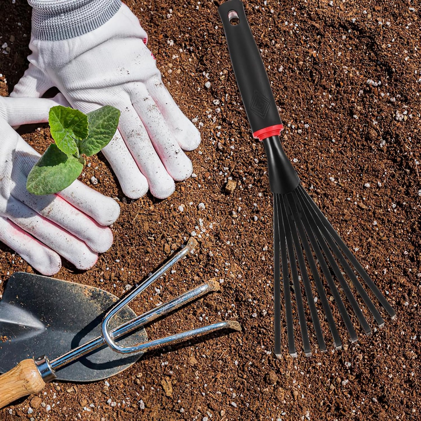 VANZACK 2pcs Gardening Hand Rakes Metal Ash Rakes Hand Tiller Mini Garden Cultivator Tools Portable Rake with Handle and 9 Tines for Yard Lawn Shrub Flower Beds