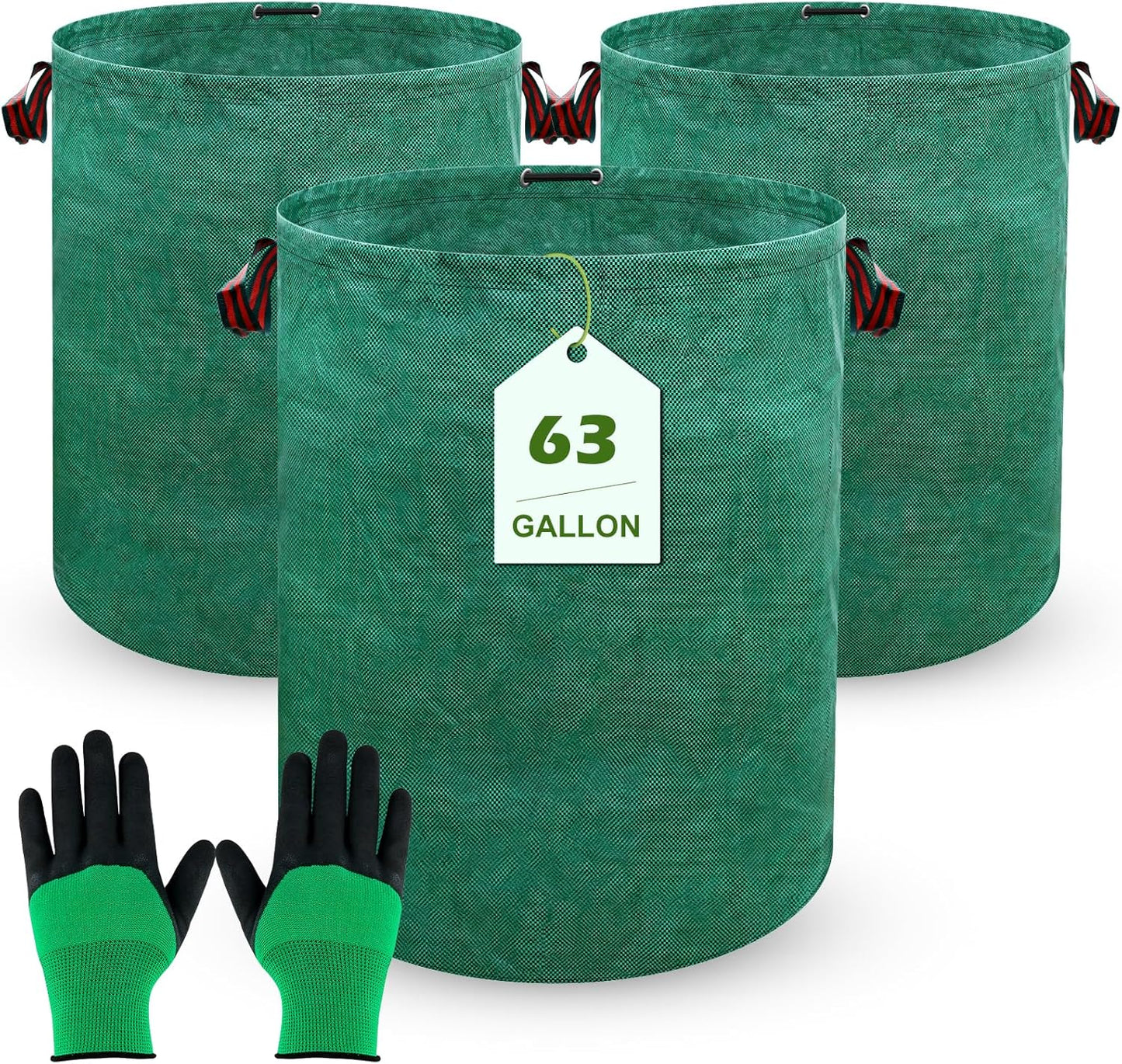 63 Gallons Lawn and Leaf Bags,Reusable Yard Waste Bags with Gardening Gloves,Heavy Duty Garden Bags with 4 Handles for Lawn Care, Camping & Recycling(3 Pack）