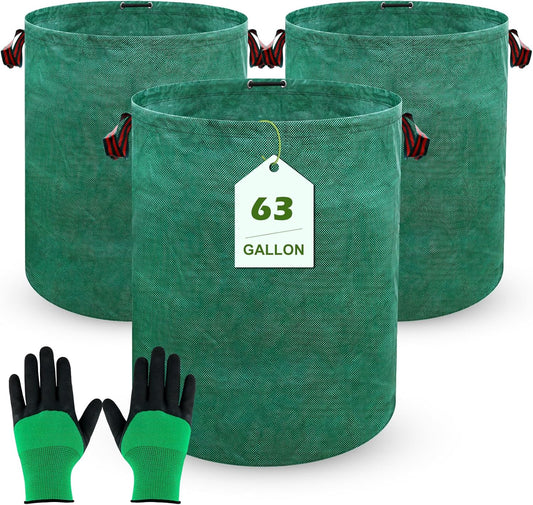 63 Gallons Lawn and Leaf Bags,Reusable Yard Waste Bags with Gardening Gloves,Heavy Duty Garden Bags with 4 Handles for Lawn Care, Camping & Recycling(3 Pack）