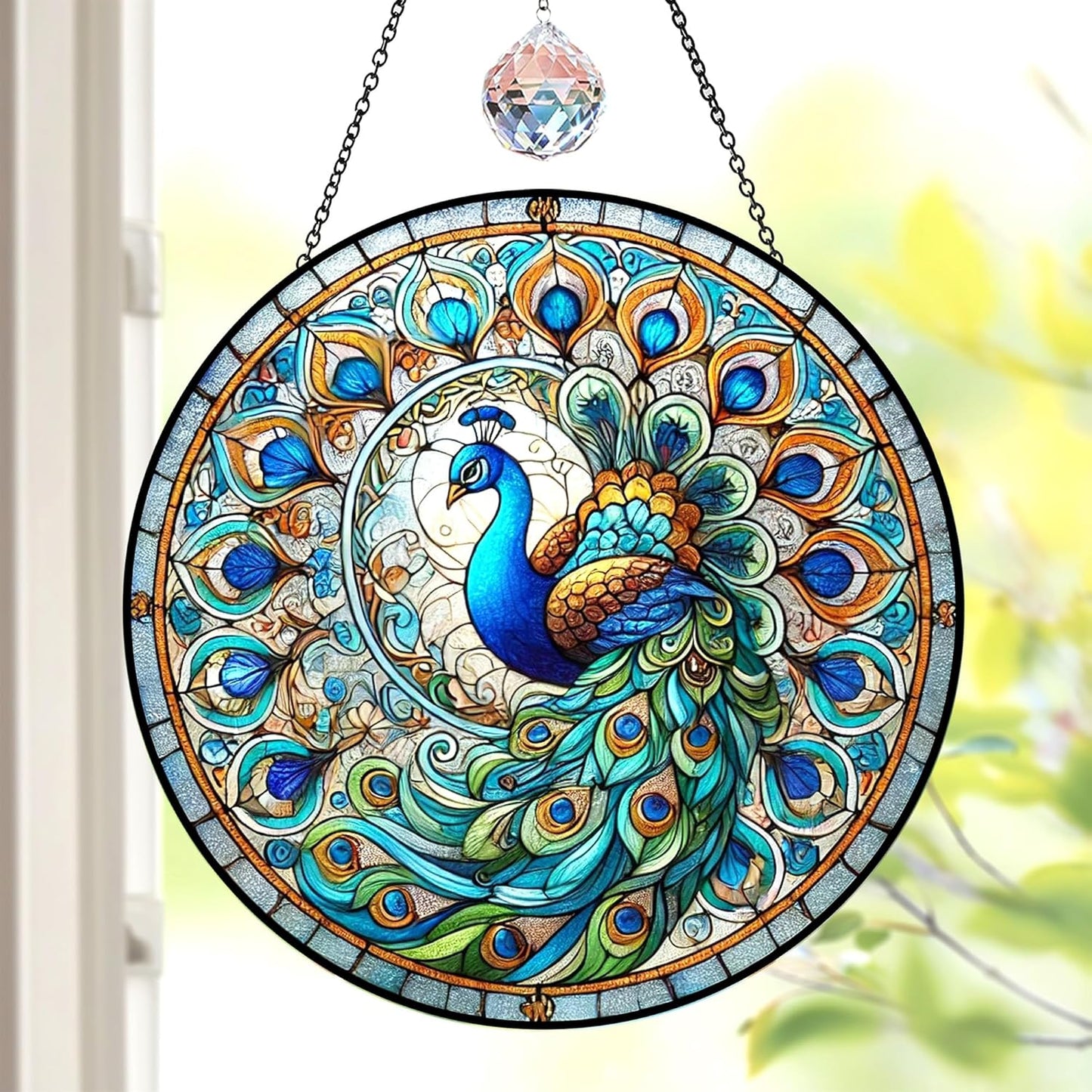 Personalized Peacock Stained Glass Suncatchers Wall Art Decor, Exotic Birds Sun Catcher Window Garden for Animal Peacock Lovers Women Mom Grandma, Painted Glass Panel Decor