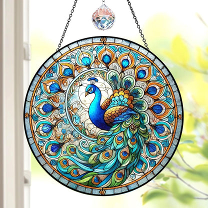 Personalized Peacock Stained Glass Suncatchers Wall Art Decor, Exotic Birds Sun Catcher Window Garden for Animal Peacock Lovers Women Mom Grandma, Painted Glass Panel Decor