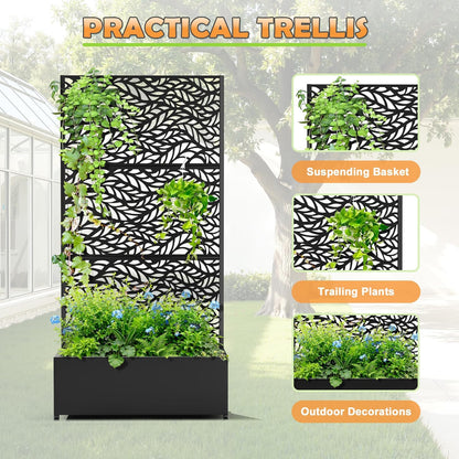 Metal Raised Garden Bed with Trellis, 2-in-1 Planter Box & Privacy Screen for Climbing Plants, Outdoor Standing Flower Bed with Drainage Holes, 35.4" L x 15.7" W x 70.1" H, Black-Spring