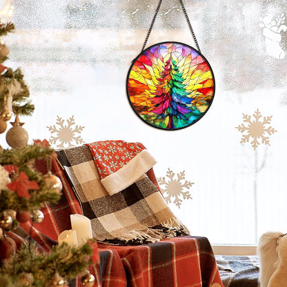 Christmas Tree Suncatcher Stained Glass Window Hanging Decor, Colorful Xmas Tree Stained Glass Wall Decor, Christmas Garden Sun Catchers Indoor Window Hanging Wall Art Lawn, 7.9x7.9 Inch
