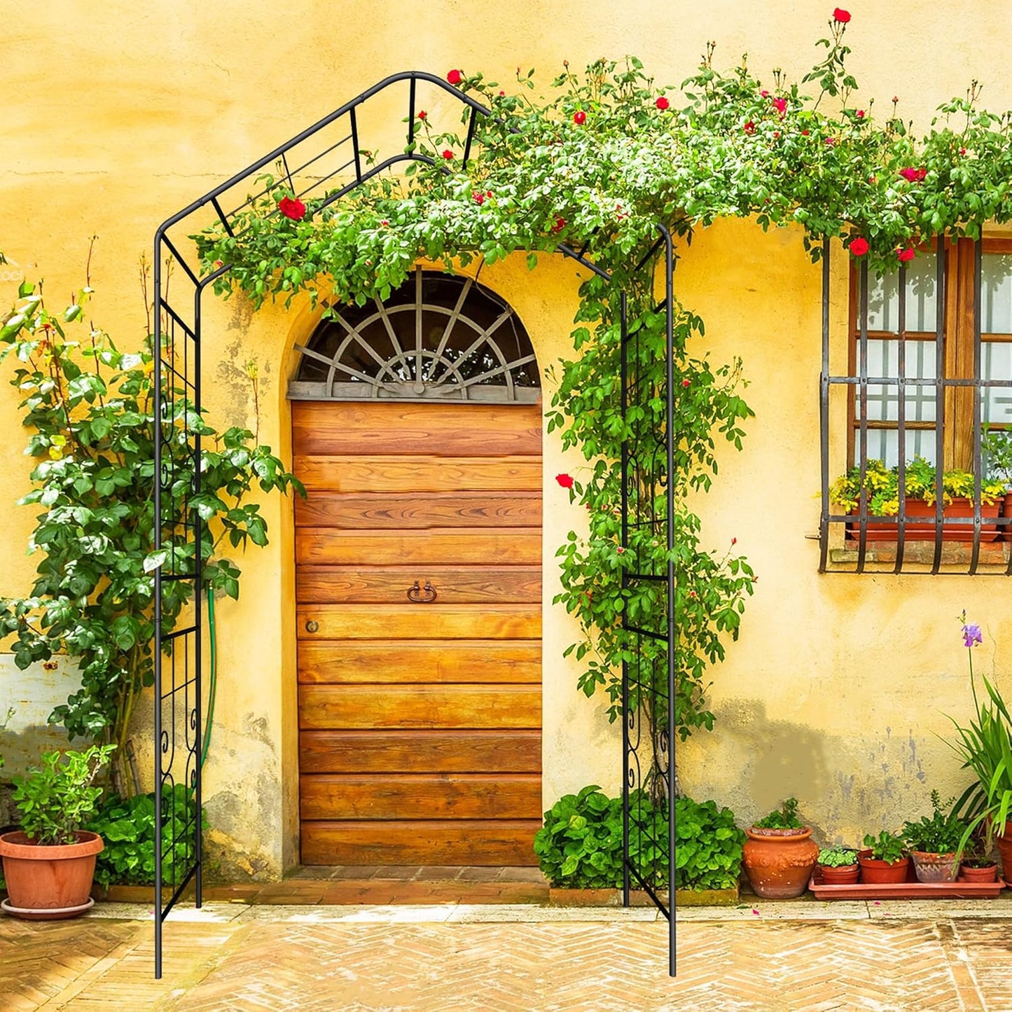 Metal Garden Arch 94.5" H Garden Arbor Trellis Climbing Plants Support Lines Pattern Arch Outdoor Lawn Wedding Party Events Archway Black