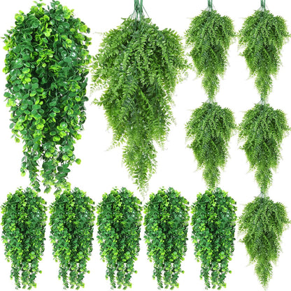 Hoteam 12 Pcs Artificial Hanging Plants 32 Inch Fake Ivy Vines with Fake Leaves Patio Artificial Plants Greenery for Living Room Indoor Outdoor Wall, No Basket (Eucalyptus,Persian Grass)