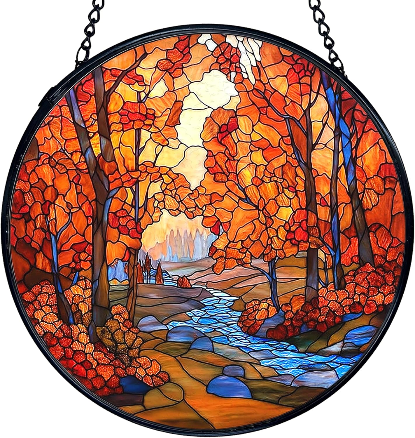 TNUW Fall Autumn Stained Glass Window Hanging, Rustic Autumn Forest Landscape Sun Catchers Indoor Window Glass Round Wall Art Decor, Fall Wall Hanging Decorations, 7.9＂x7.9＂