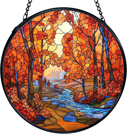 TNUW Fall Autumn Stained Glass Window Hanging, Rustic Autumn Forest Landscape Sun Catchers Indoor Window Glass Round Wall Art Decor, Fall Wall Hanging Decorations, 7.9＂x7.9＂
