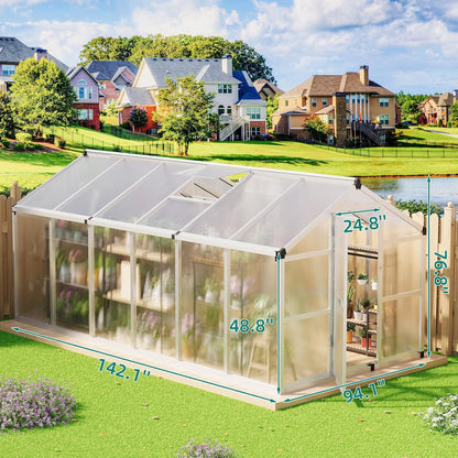 8x12 FT Greenhouse for Outdoors, Large Aluminum Greenhouses with Roof Vent and Quick Setup Structure, Greenhouse Heavy Duty with PC Panels, Walk-in Green Houses for Winter Garden,Backyard,Patio,Lawn