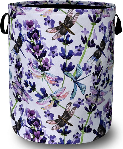 Dragonfly Laundry Basket Foldable With Handles Purple Floral Tote Bag Oxford Cloth Colorful Laundry Hamper Clothes Storage Bucket Toy Organizer For Bathroom/Laundry/Bedroom 18.9" x 16.5 "