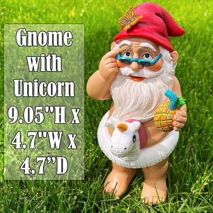 Mood Lab Garden Gnome with Unicorn - Funny Gnome Statue - 9 Inch Tall Lawn Figurine - for Outdoor or House Decor