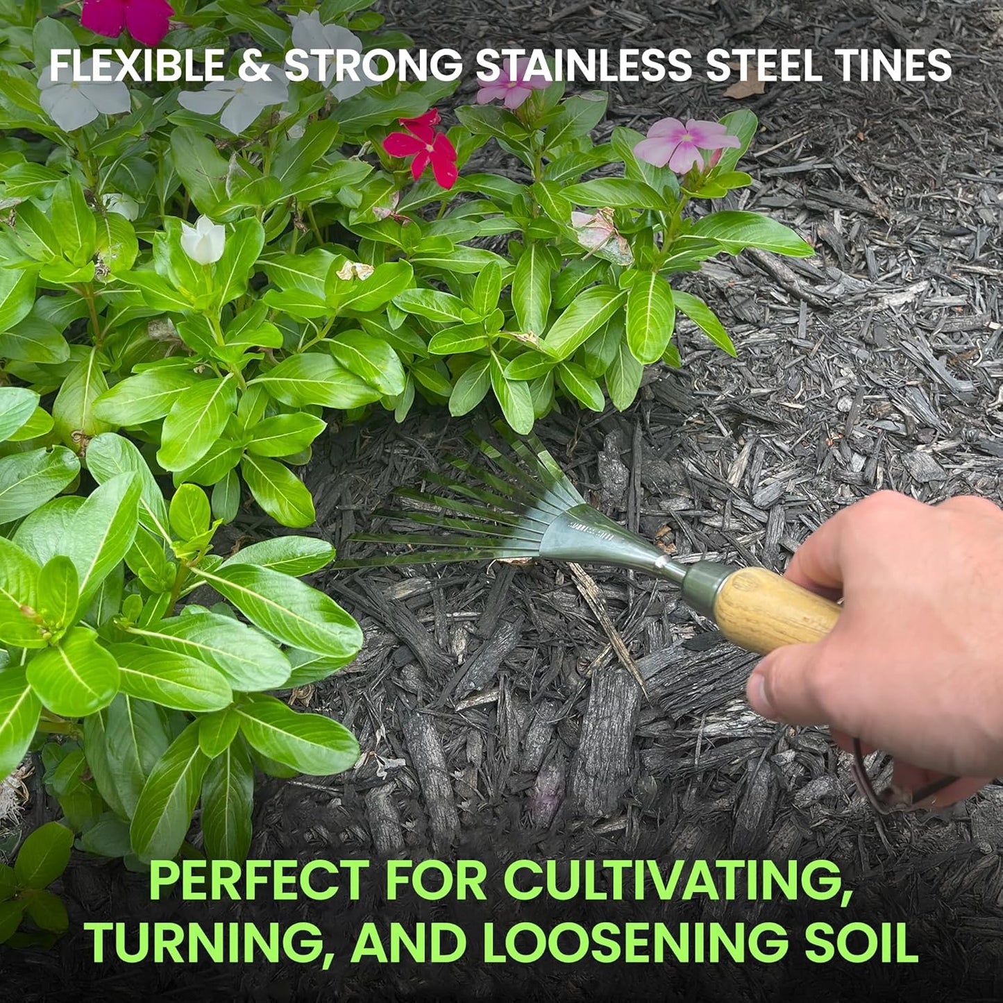 Garden Guru Eco Hand Rake Soil Tiller- 100% Recycled Stainless Steel - Rust Resistant - FSC Certified Wood Ergonomic Handle - Great for Gardening Cultivating Loosening Soil & Spreading Mulch (2 Pack)