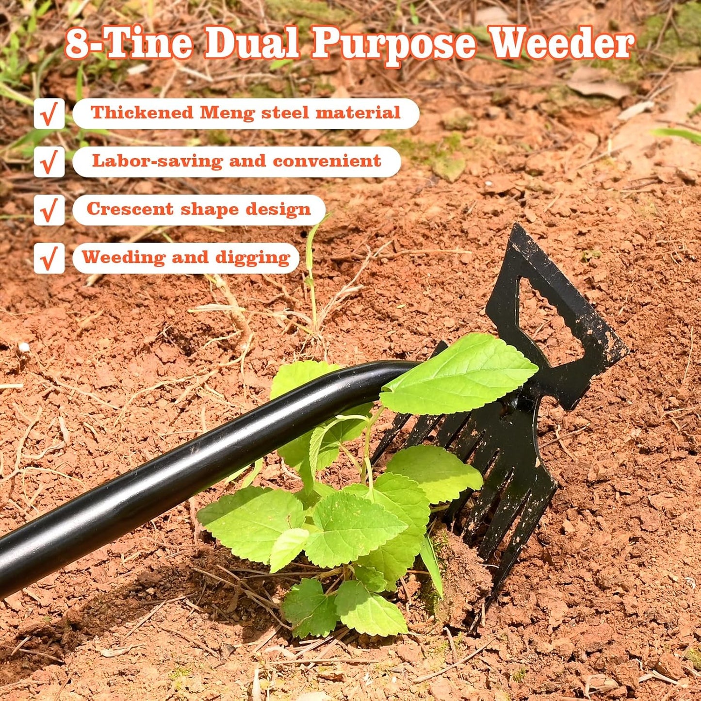 Portable Weed Removal Tool - 8-Prong Manganese Steel with Black Baked Rust-Proof Coating for Garden Lawn Farm, Non-Slip Rubber Handle