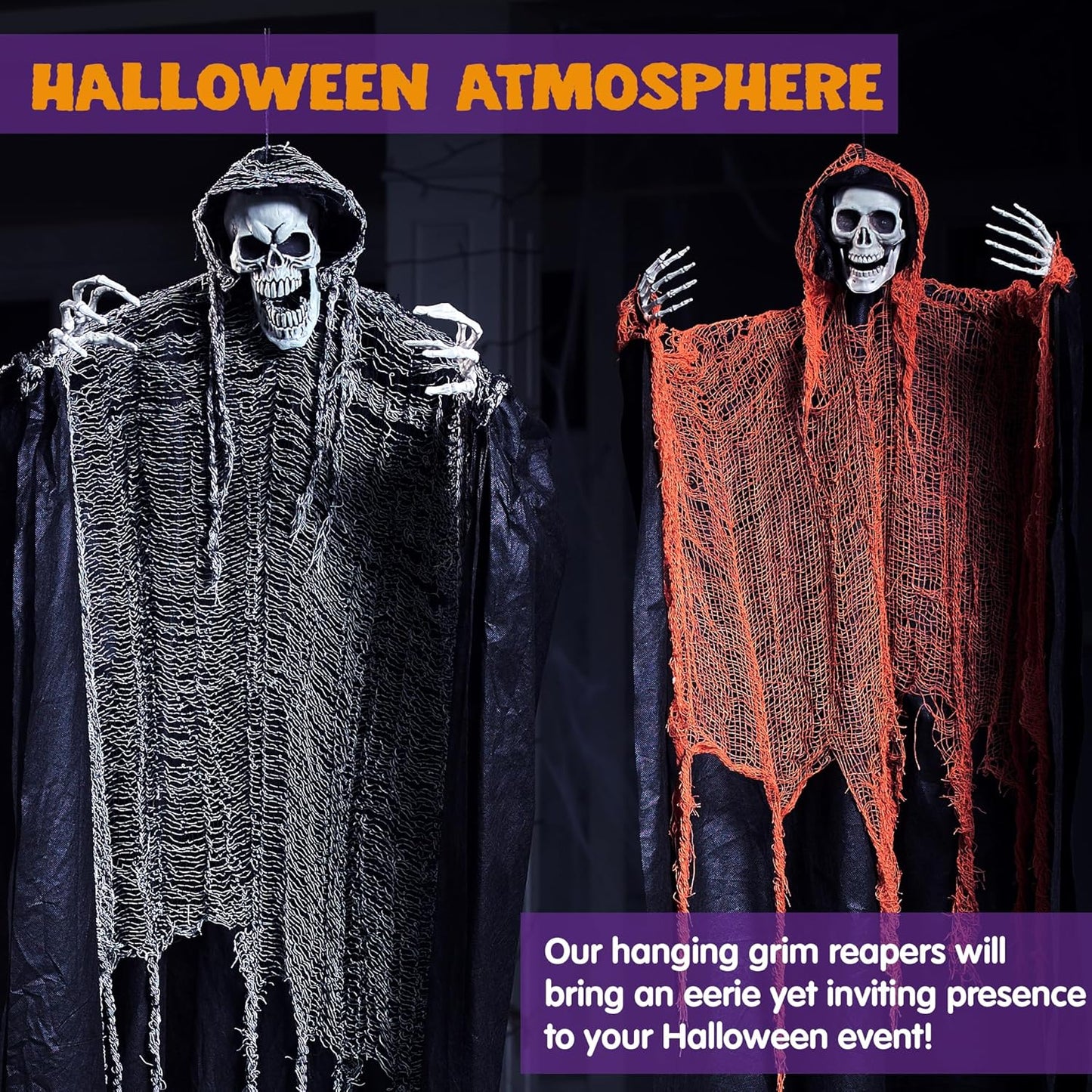 JOYIN 3 Pcs Halloween Hanging Grim Reapers, one 63” Two 47” Grim Reapers, Halloween Skeleton Outdoor Decoration Flying Ghost for Haunted Haunted House Prop, Party Supplies Decor