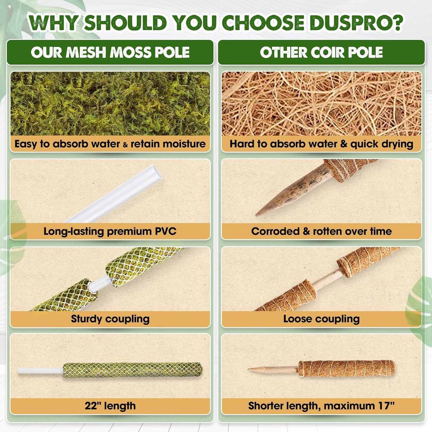 DUSPRO Stackable Mesh Moss Pole for Plants Monstera Potted Plant Stakes for Indoor Plants Extendable Plant Pole Moss Sticks for Plants Climbing Vine Supporting Monstera Trellis 2Pack 22''
