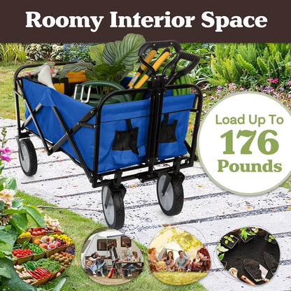 Collapsible Wagon - Grocery Cart on Wheels - Portable Beach Wagon, Folding Garden Trolley or Shopping Cart - Wagons Carts Foldable by Pure Garden (Blue)