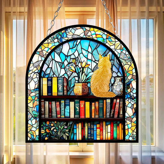 Personalized Cat Reading Book Acrylic Suncatcher, Window Hanging Gift for Book Lovers and Moms