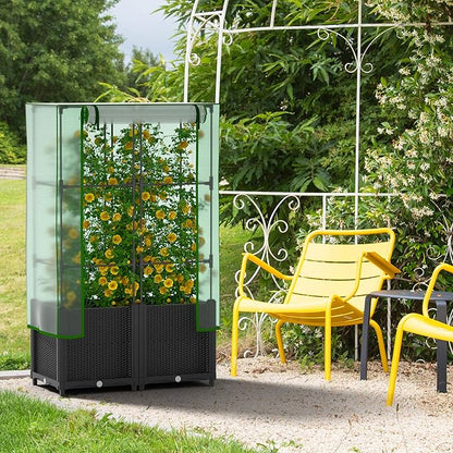 Onelike 32'' x 16'' x 55.5'' Plastic Raised Garden Bed with Greenhouse Cover and Trellis, Vertical Tomato Planters for Climbing Plants, Self Watering System Tomatoes Cage for Patio, Medium