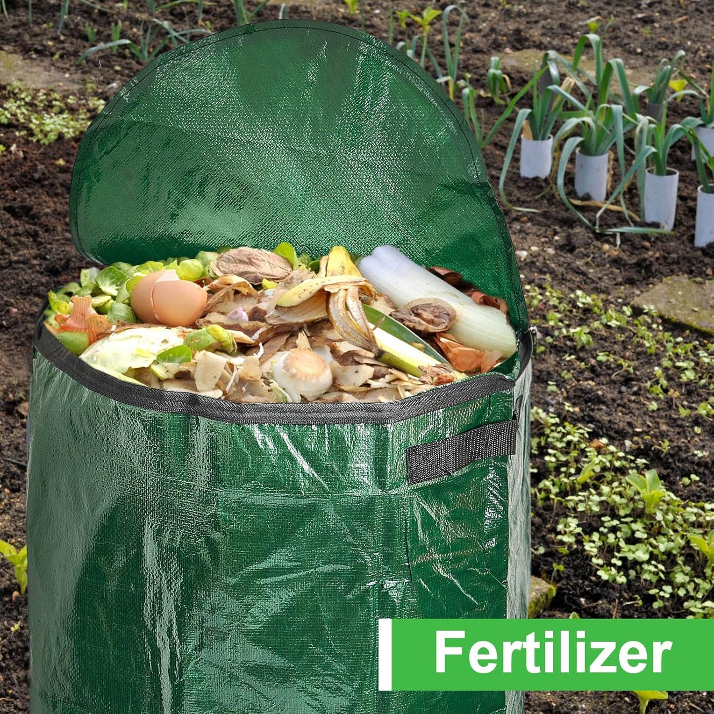 Ctosree 4 Pieces Compost Bin Bags Large 34 Gallon Reusable Yard Waste Lawn Bags Heavy Duty Garden Composting Garbage Can Outdoor Container with Zipper Lid and Handles for Loading Leaf Trash