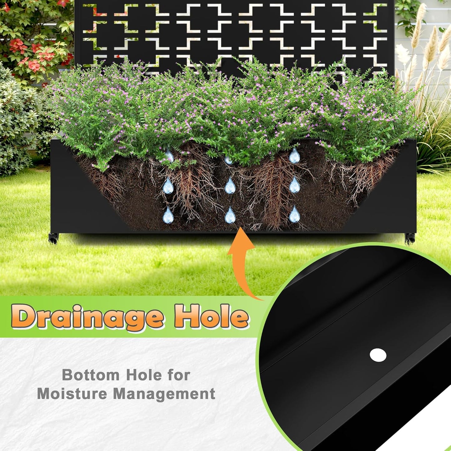Metal Raised Garden Bed with Trellis, 2-in-1 Planter Box & Privacy Screen for Climbing Plants, Outdoor Standing Flower Bed with Drainage Holes, 47.2" L x 16.7" W x 70.8" H, Black-Square